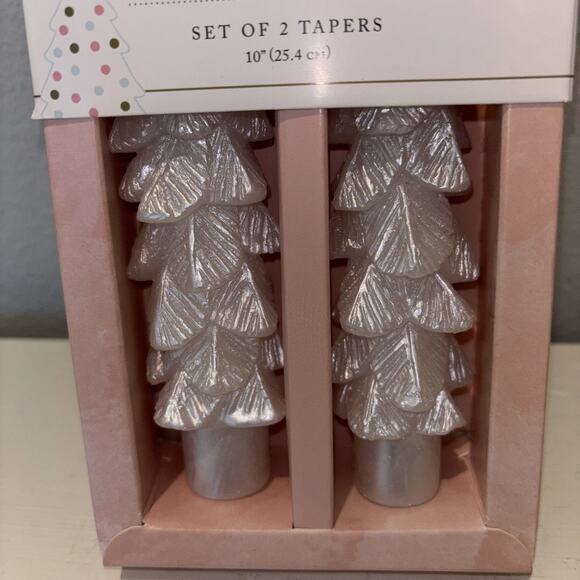 Cupcakes & Cashmere White Iridescent Christmas Tree Shaped Taper Candle Set of 2 - Picture 4 of 4